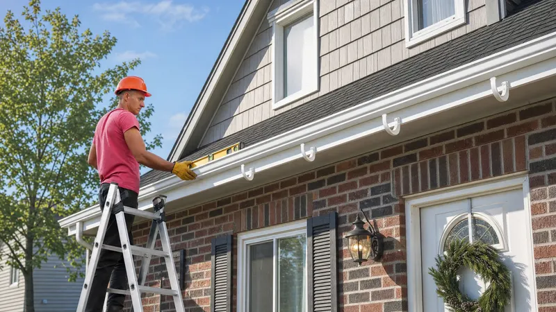 Leveling a new white seamless gutter run during installation